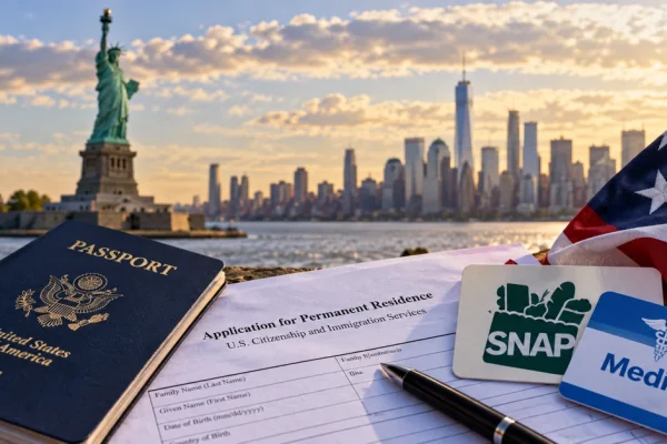 U.S. permanent residence application alongside symbols of Medicaid and food assistance with the Statue of Liberty in the background