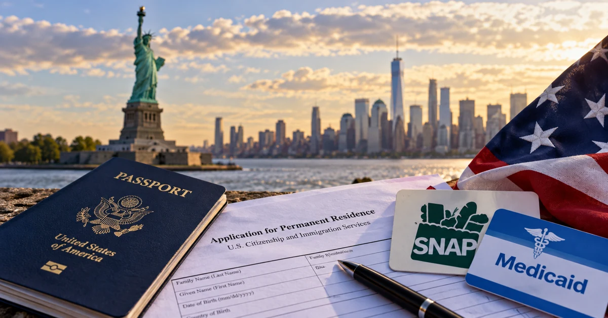 U.S. permanent residence application alongside symbols of Medicaid and food assistance with the Statue of Liberty in the background