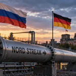 Editorial illustration of a large gas pipeline with Russian and German flags near Germany's parliament building at dusk.