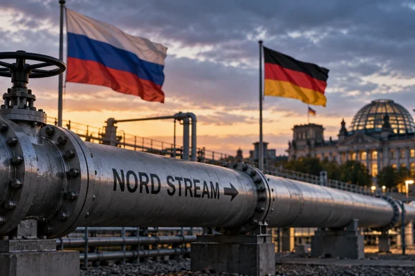 Editorial illustration of a large gas pipeline with Russian and German flags near Germany's parliament building at dusk.