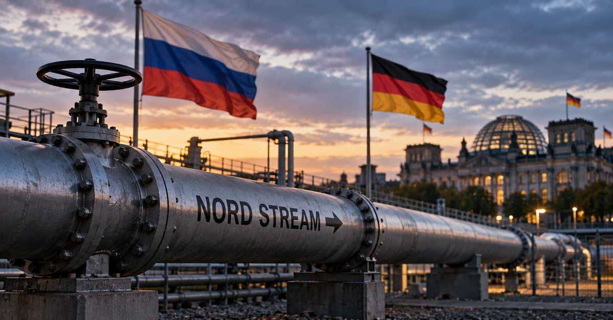 Editorial illustration of a large gas pipeline with Russian and German flags near Germany's parliament building at dusk.