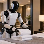 Editorial illustration of a humanoid robot folding towels beside a hotel bed, representing service work targeted by AgiBot's A3 Ultra.