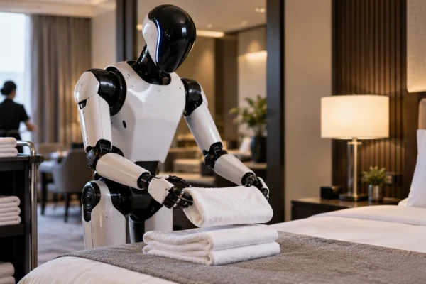 Editorial illustration of a humanoid robot folding towels beside a hotel bed, representing service work targeted by AgiBot's A3 Ultra.