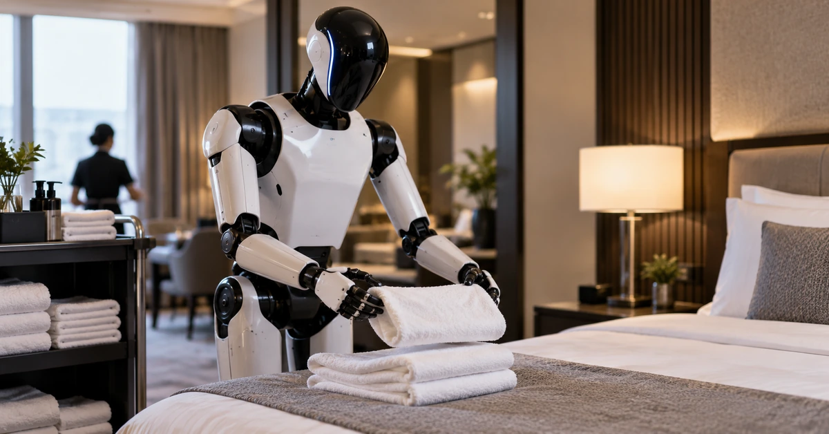 Editorial illustration of a humanoid robot folding towels beside a hotel bed, representing service work targeted by AgiBot's A3 Ultra.