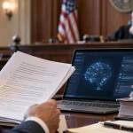 Illustration of a lawyer reviewing legal documents beside an AI-enabled laptop in a US courtroom.