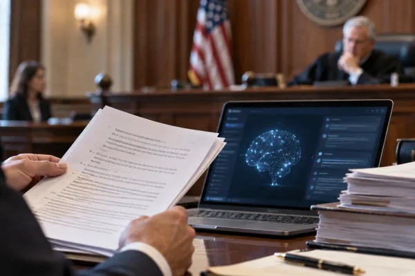 Illustration of a lawyer reviewing legal documents beside an AI-enabled laptop in a US courtroom.