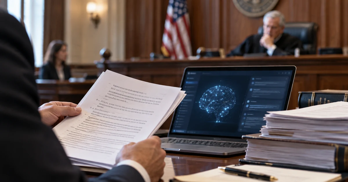 Illustration of a lawyer reviewing legal documents beside an AI-enabled laptop in a US courtroom.