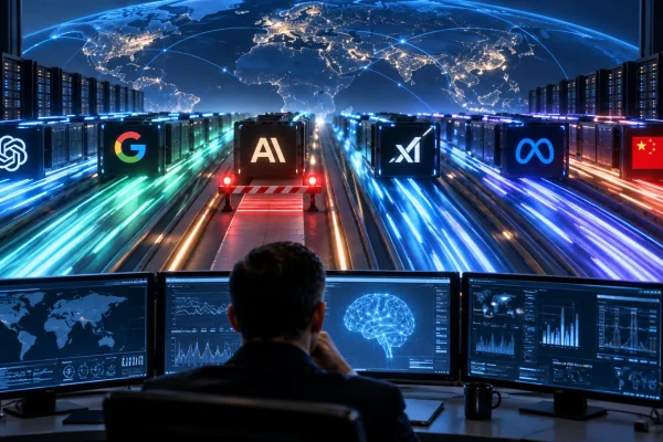 Conceptual global AI race with several technology lanes accelerating while one is stopped at a barrier
