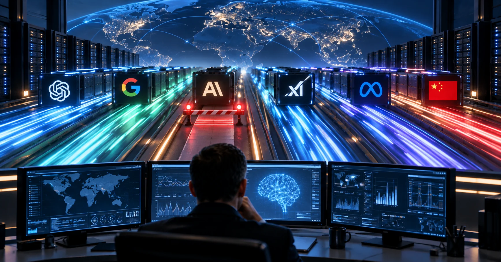 Conceptual global AI race with several technology lanes accelerating while one is stopped at a barrier