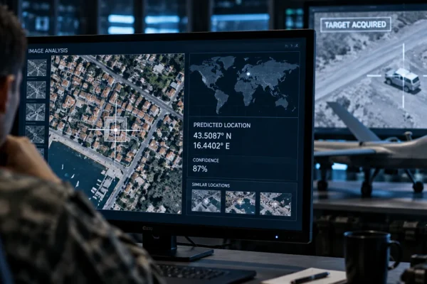 AI-assisted intelligence analysis using satellite imagery and geolocation in a military operations setting