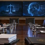 Illustration of a US government antitrust meeting room prepared for discussions with AI companies, with empty seats opposite officials.