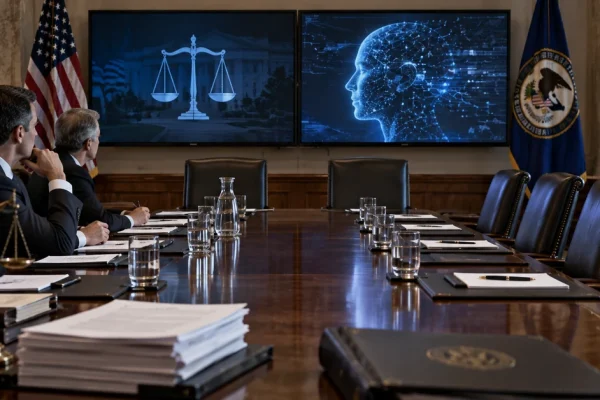 Illustration of a US government antitrust meeting room prepared for discussions with AI companies, with empty seats opposite officials.