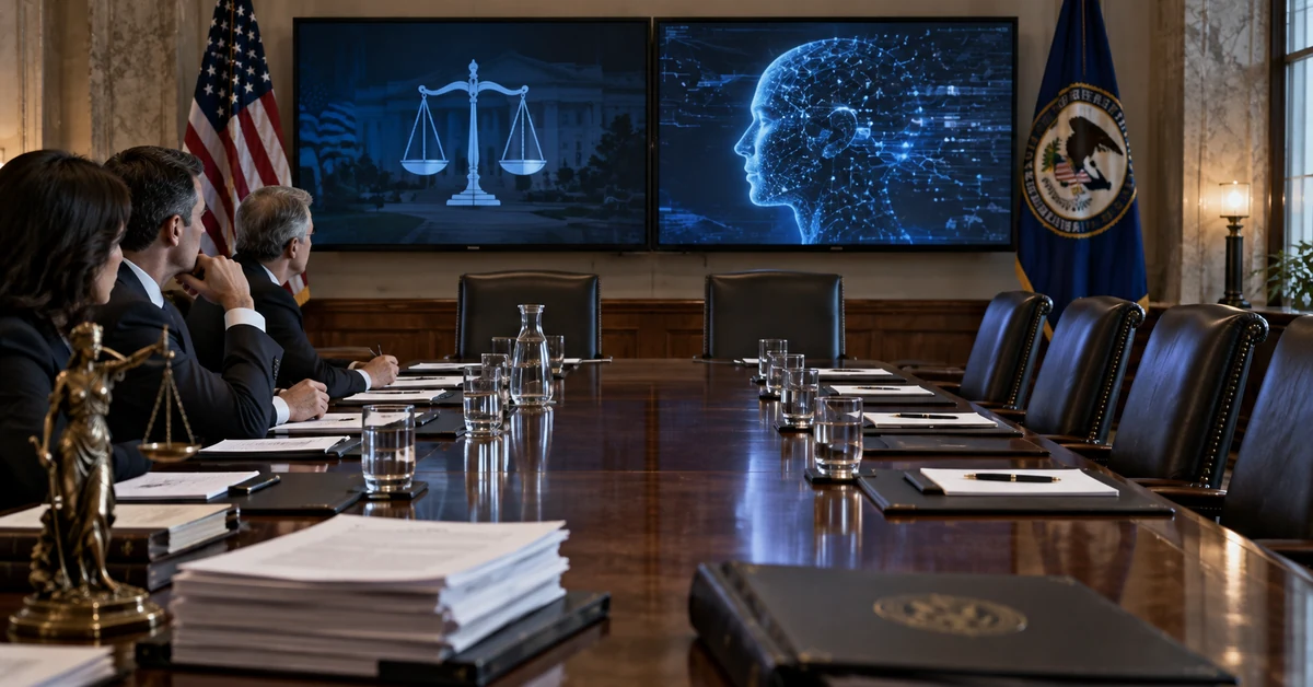 Illustration of a US government antitrust meeting room prepared for discussions with AI companies, with empty seats opposite officials.