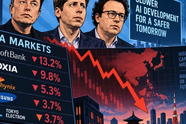 Asian financial markets falling alongside imagery representing artificial intelligence and frontier AI development