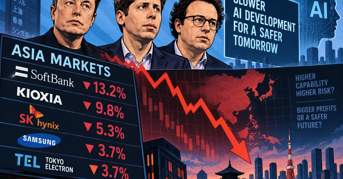Asian financial markets falling alongside imagery representing artificial intelligence and frontier AI development
