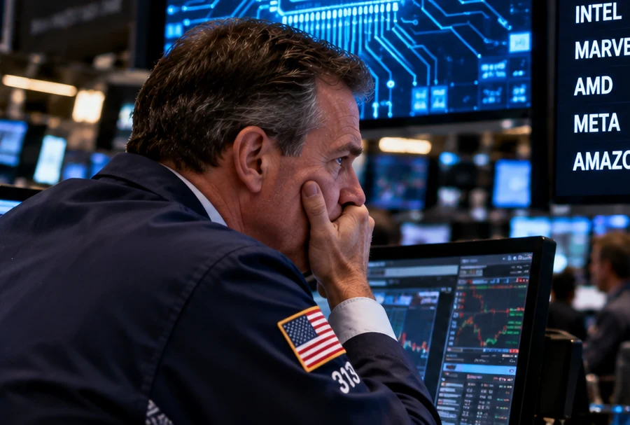 Wall Street trader watching technology markets during an AI-related selloff