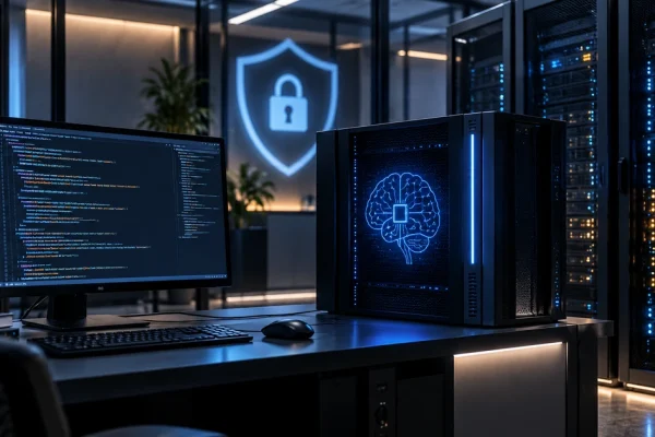 Editorial illustration of a local AI server analysing software code inside a secure data centre.