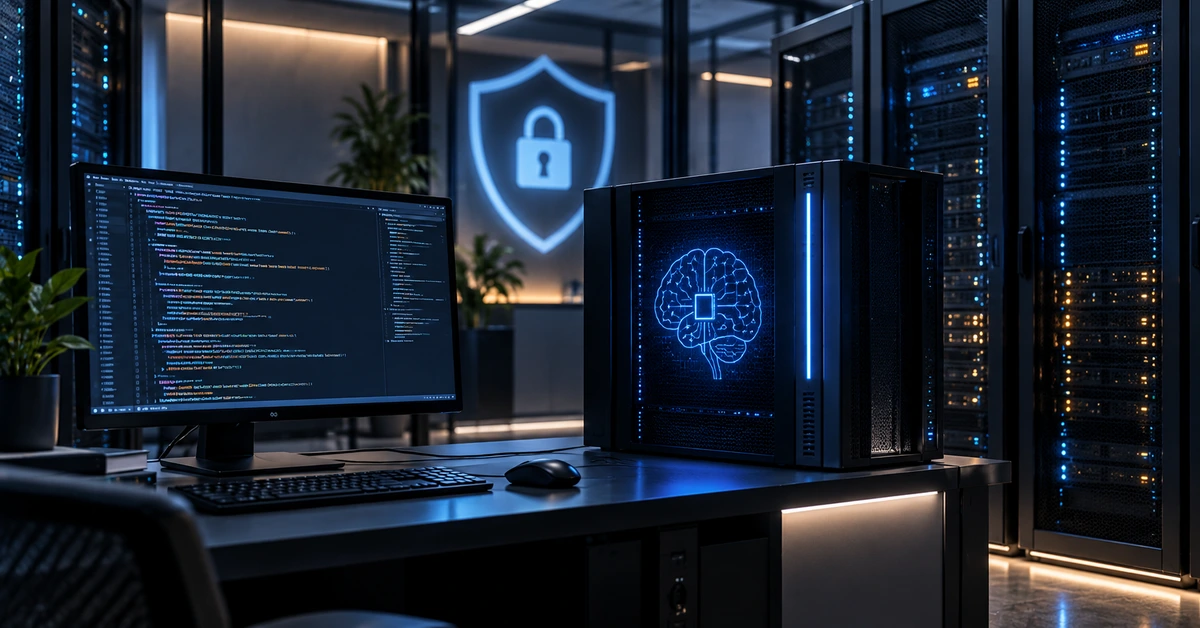 Editorial illustration of a local AI server analysing software code inside a secure data centre.