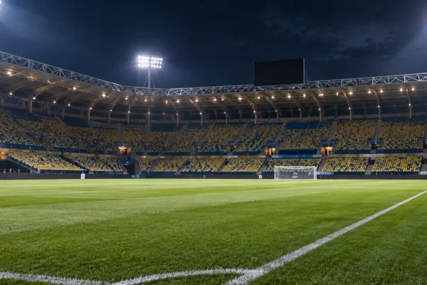 An empty floodlit Saudi football stadium illustrating a two-match behind-closed-doors punishment.