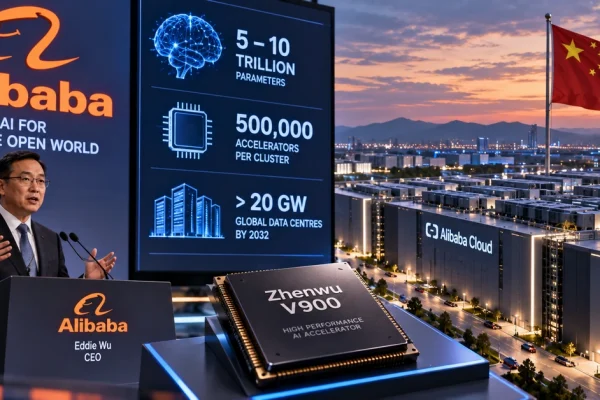 AI-generated editorial illustration representing Alibaba's plans for larger AI models, domestic accelerators and expanded data-centre capacity.