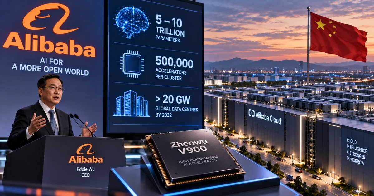 AI-generated editorial illustration representing Alibaba's plans for larger AI models, domestic accelerators and expanded data-centre capacity.