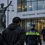 Illustration of Dutch police escorting a defendant towards a courthouse in Rotterdam.