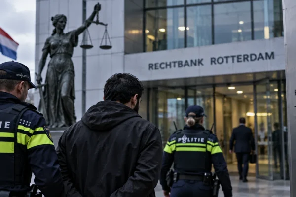 Illustration of Dutch police escorting a defendant towards a courthouse in Rotterdam.