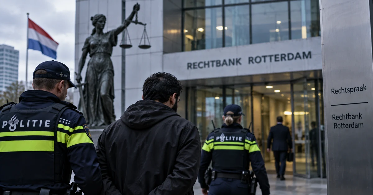 Illustration of Dutch police escorting a defendant towards a courthouse in Rotterdam.
