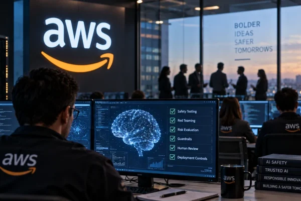 Illustration of an AI safety testing centre with engineers evaluating a frontier model before deployment.