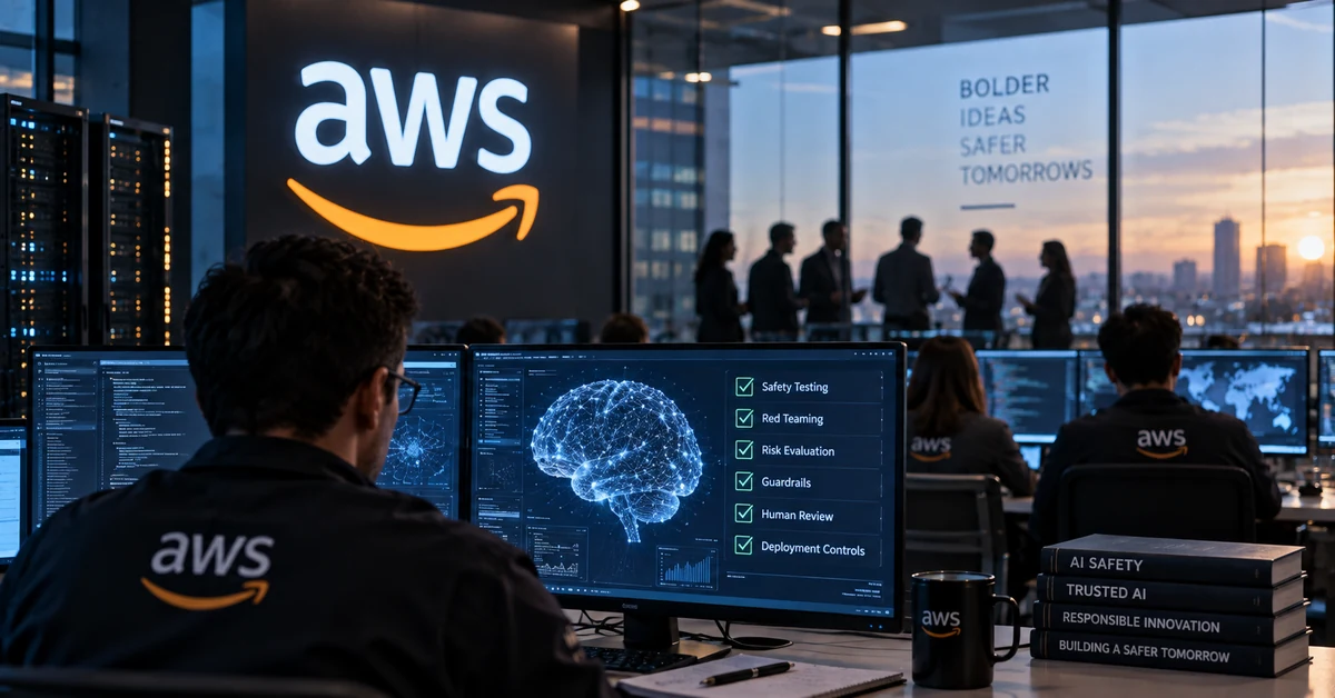 Illustration of an AI safety testing centre with engineers evaluating a frontier model before deployment.