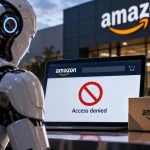 AI-generated editorial illustration representing Amazon blocking Meta's autonomous Muse shopping agent.