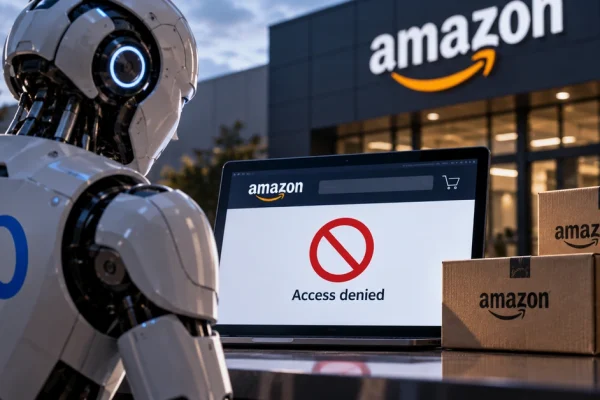 AI-generated editorial illustration representing Amazon blocking Meta's autonomous Muse shopping agent.