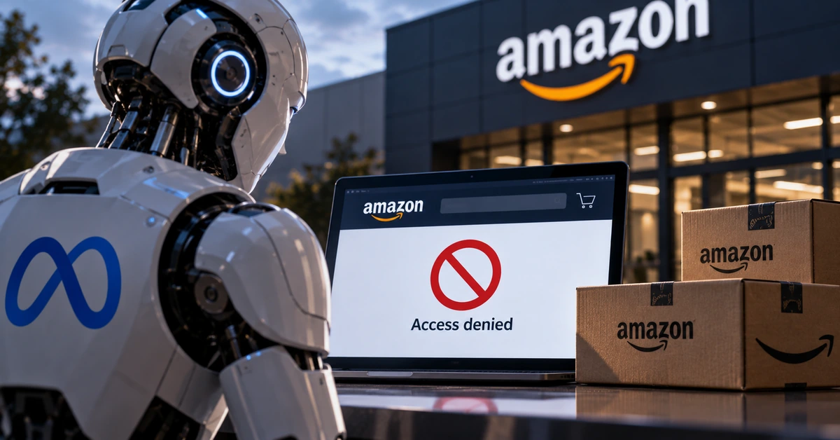 AI-generated editorial illustration representing Amazon blocking Meta's autonomous Muse shopping agent.