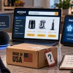 Illustration of AI shopping assistants comparing online products beside a package marked Made in USA with its origin questioned.