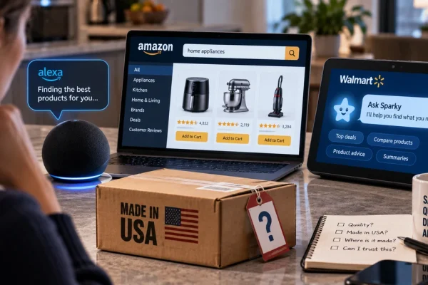 Illustration of AI shopping assistants comparing online products beside a package marked Made in USA with its origin questioned.