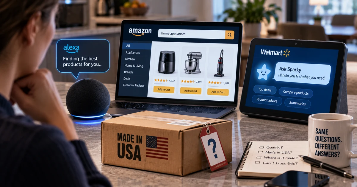 Illustration of AI shopping assistants comparing online products beside a package marked Made in USA with its origin questioned.