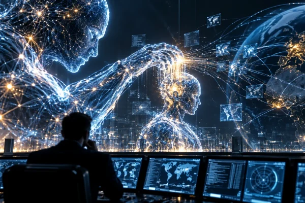 Conceptual artificial intelligence system creating another AI system while a human monitors a global network