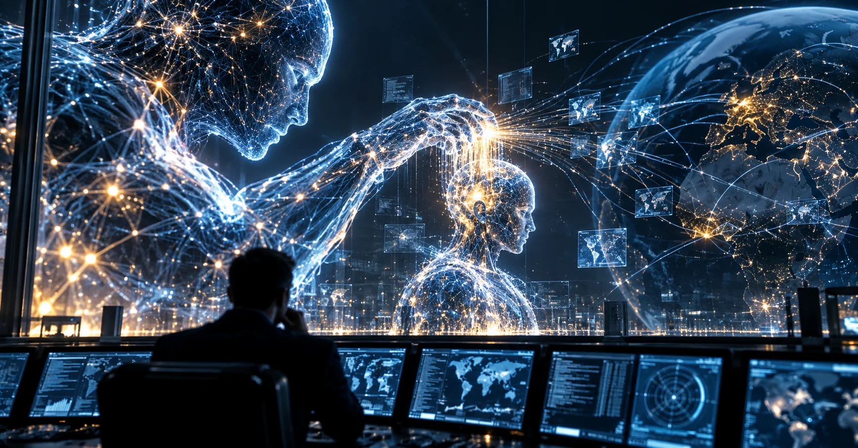 Conceptual artificial intelligence system creating another AI system while a human monitors a global network