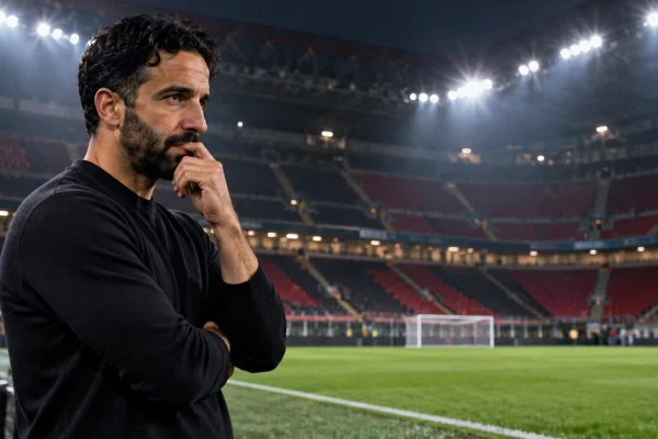 Editorial illustration of a football manager contemplating an empty stadium after a match.
