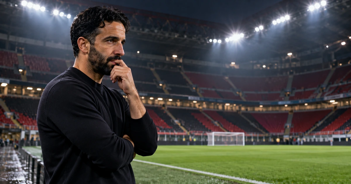 Editorial illustration of a football manager contemplating an empty stadium after a match.