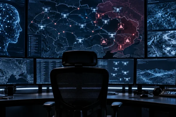 Empty AI command centre displaying an abstract autonomous drone swarm network and digital battlefield map