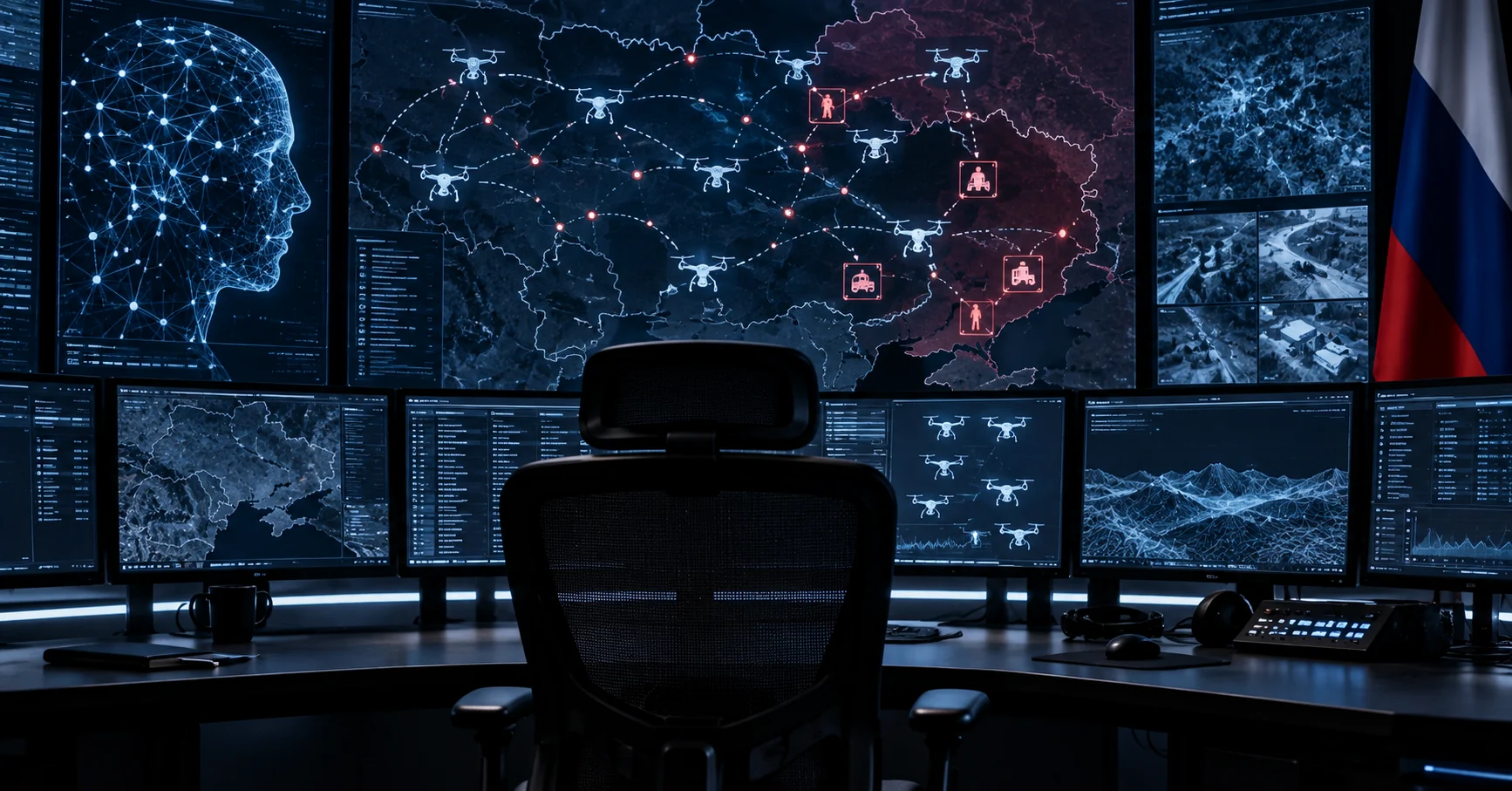 Empty AI command centre displaying an abstract autonomous drone swarm network and digital battlefield map