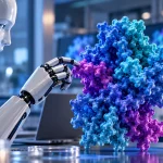 Editorial illustration of an artificial intelligence system examining a biomolecular protein structure in a laboratory.