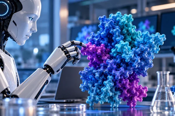 Editorial illustration of an artificial intelligence system examining a biomolecular protein structure in a laboratory.
