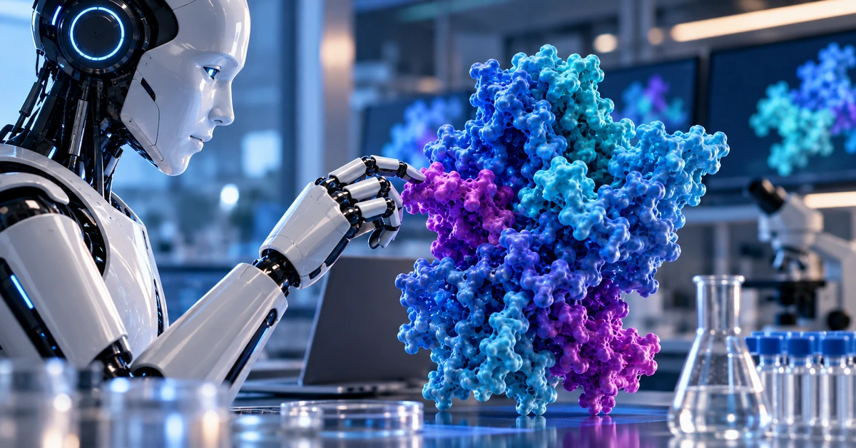 Editorial illustration of an artificial intelligence system examining a biomolecular protein structure in a laboratory.