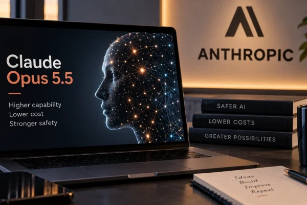 AI-generated editorial illustration representing Anthropic's Claude Opus 5.5 frontier AI model.