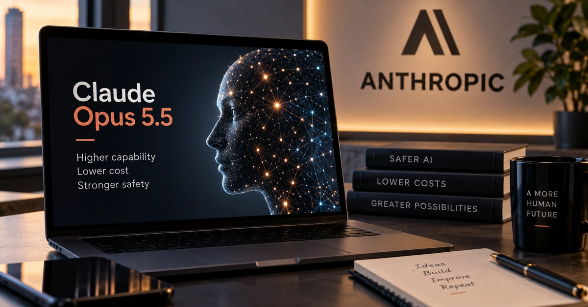 AI-generated editorial illustration representing Anthropic's Claude Opus 5.5 frontier AI model.