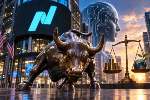 Stock market bull, artificial intelligence imagery and balance scales outside a financial exchange at sunset