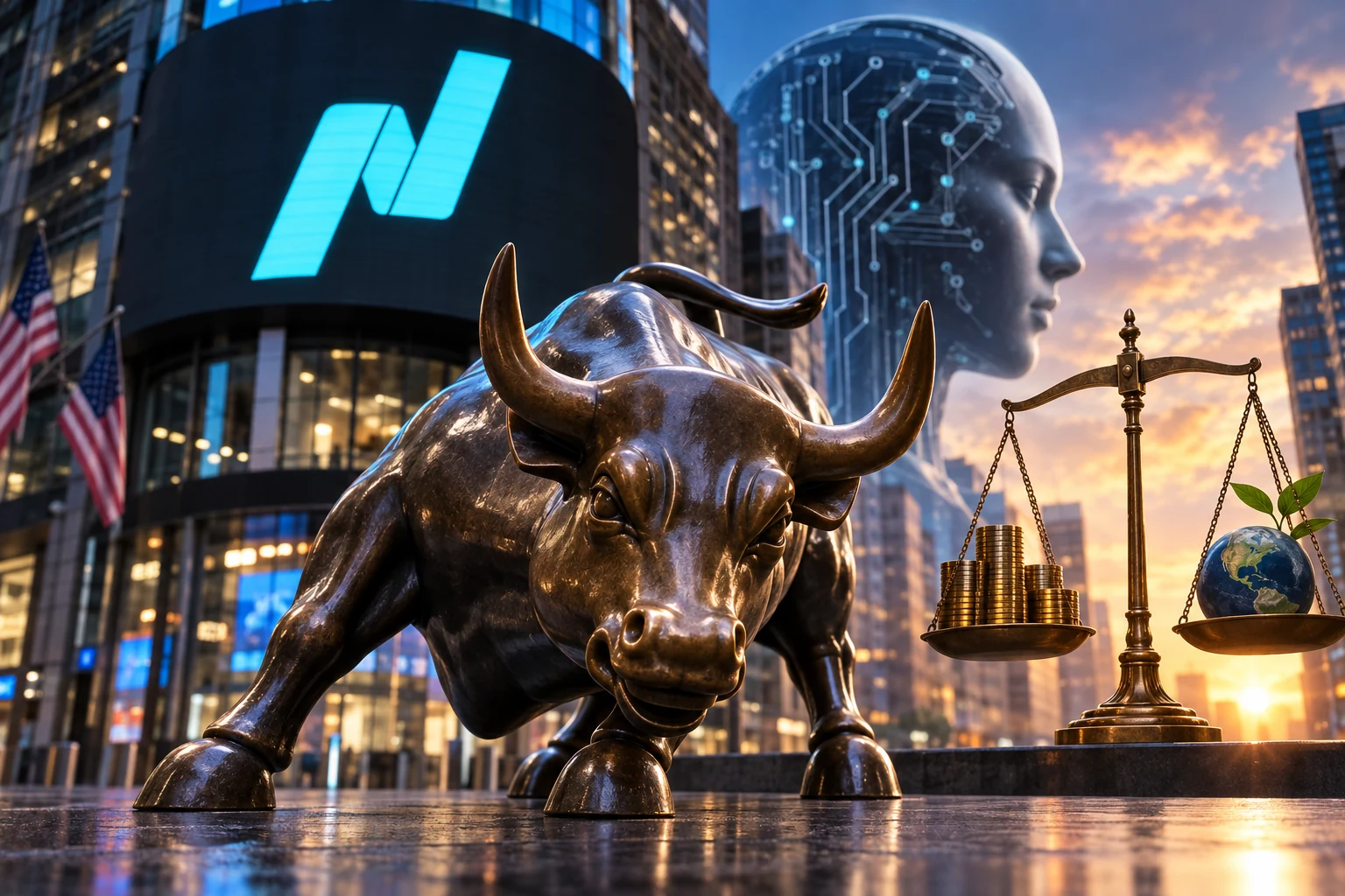 Stock market bull, artificial intelligence imagery and balance scales outside a financial exchange at sunset