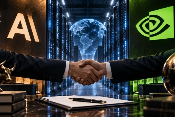 AI data centre and financial investment imagery symbolising a major partnership between a frontier AI company and chip supplier